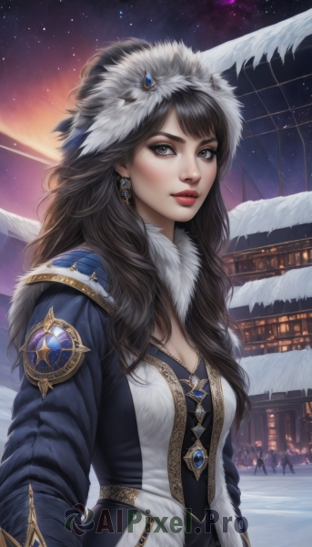 1girl,solo,long hair,breasts,looking at viewer,smile,bangs,brown hair,black hair,hair ornament,long sleeves,dress,cleavage,brown eyes,jewelry,medium breasts,upper body,earrings,outdoors,parted lips,sky,signature,black eyes,lips,fur trim,eyelashes,makeup,night,watermark,feathers,lipstick,building,gem,star (sky),night sky,snow,starry sky,snowing,nose,red lips,winter,hat,closed mouth,solo focus,artist name,swept bangs,fur collar,realistic