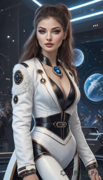 1girl,solo,long hair,breasts,looking at viewer,large breasts,brown hair,long sleeves,cleavage,brown eyes,jewelry,medium breasts,standing,cowboy shot,earrings,solo focus,choker,belt,pants,necklace,nail polish,lips,coat,fur trim,bodysuit,makeup,lipstick,forehead,eyeshadow,science fiction,hoop earrings,realistic,white pants,nose,white coat,red lips,space,white bodysuit,planet,earth (planet),parted lips,artist name,dark skin,bracelet,dark-skinned female,gem,pendant