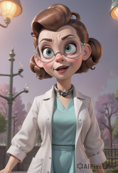 1girl,solo,breasts,looking at viewer,smile,short hair,open mouth,brown hair,dress,green eyes,outdoors,glasses,teeth,choker,collar,tree,lips,coat,makeup,night,blue dress,lipstick,curly hair,round eyewear,labcoat,red lips,lamppost,blush,medium breasts,jacket,upper body,artist name,blurry,blurry background,freckles,aqua dress