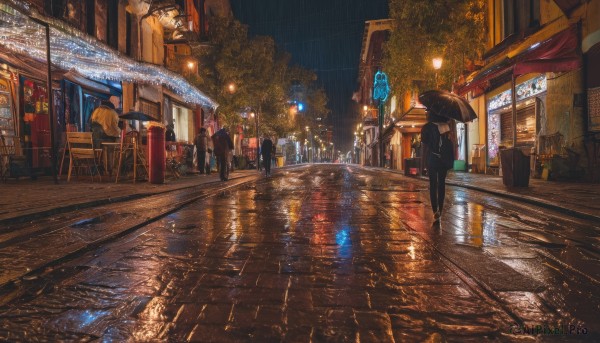 holding,standing,jacket,outdoors,multiple boys,solo focus,water,tree,night,umbrella,formal,suit,ground vehicle,building,scenery,motor vehicle,reflection,walking,rain,holding umbrella,city,sign,car,road,bench,lamppost,street,crowd,puddle,neon lights,people,pavement,real world location,vanishing point,storefront,1girl,black hair,long sleeves,sky,pants,bag,black jacket,window,chair,black pants,denim,water drop,cityscape,multiple others,shop,city lights,crosswalk,sidewalk