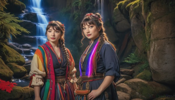 long hair,looking at viewer,smile,bangs,multiple girls,brown hair,hair ornament,long sleeves,2girls,brown eyes,jewelry,closed mouth,standing,braid,flower,outdoors,water,twin braids,lips,sash,single braid,siblings,sisters,nature,hair over shoulder,rock,realistic,waterfall,traditional clothes,black hair,dress,necklace,tree,leaf,river