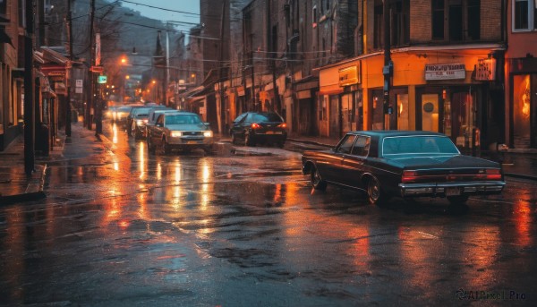 outdoors,sky,water,no humans,night,ground vehicle,building,scenery,motor vehicle,reflection,rain,city,sign,car,road,vehicle focus,power lines,lamppost,street,utility pole,road sign,puddle,traffic light,sports car,truck,tree,window