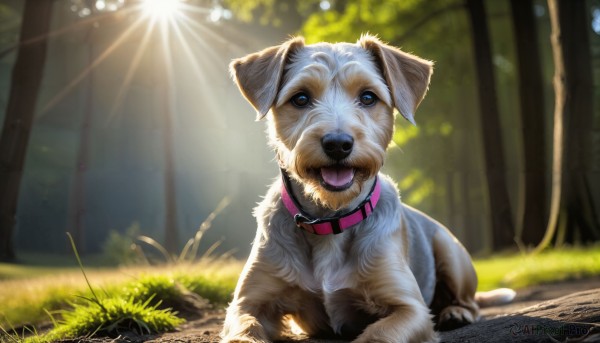 HQ,solo,open mouth,blue eyes,outdoors,day,tongue,signature,tongue out,blurry,collar,tree,no humans,depth of field,blurry background,animal,sunlight,grass,looking up,nature,lens flare,forest,dog,light rays,realistic,animal focus,animal collar,looking at viewer,foliage