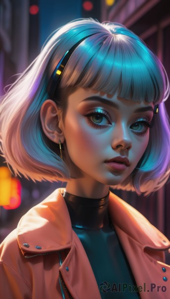 1girl,solo,looking at viewer,short hair,bangs,jewelry,green eyes,blue hair,jacket,upper body,white hair,multicolored hair,hairband,earrings,parted lips,open clothes,artist name,blunt bangs,mole,blurry,lips,eyelashes,makeup,blurry background,turtleneck,bob cut,lipstick,portrait,eyeshadow,freckles,realistic,nose,eyeliner,mascara,cyberpunk,blue eyes,shirt,closed mouth,outdoors,shiny,open jacket,mole under eye,night,depth of field,zipper,backlighting,brown jacket