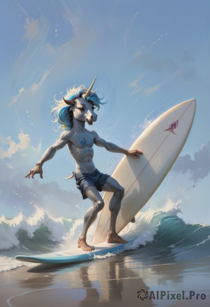 solo,blue eyes,1boy,navel,holding,animal ears,nipples,blue hair,tail,full body,male focus,outdoors,horns,sky,barefoot,day,cloud,water,blue sky,muscular,ocean,beach,abs,pectorals,furry,single horn,toned,topless male,cow ears,cow horns,furry male,toned male,male swimwear,waves,swim trunks,surfboard,long hair,open mouth,jewelry,standing,artist name,tattoo,colored skin,sand,unicorn