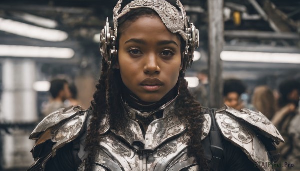 1girl,long hair,looking at viewer,brown hair,black hair,brown eyes,upper body,parted lips,solo focus,indoors,dark skin,armor,blurry,black eyes,dark-skinned female,lips,blurry background,shoulder armor,portrait,curly hair,pauldrons,breastplate,realistic,very dark skin,real life insert,dreadlocks,gorget,chainmail,solo,braid,twin braids,depth of field,headgear,forehead,freckles