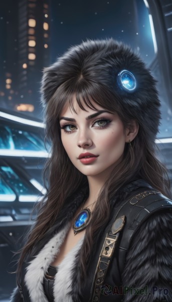 1girl,solo,long hair,breasts,looking at viewer,brown hair,hat,brown eyes,jewelry,jacket,upper body,earrings,parted lips,artist name,necklace,mole,blurry,lips,coat,black jacket,fur trim,eyelashes,black headwear,makeup,night,lipstick,brooch,building,gem,snow,pendant,eyeshadow,freckles,snowing,realistic,nose,red lips,fur hat,ushanka,bangs,black hair,outdoors,sky,signature,depth of field,blurry background,thick eyebrows,mascara