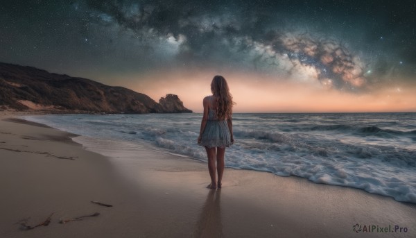 1girl, solo, long hair, dress, standing, outdoors, sky, barefoot, cloud, water, from behind, night, ocean, beach, star (sky), night sky, scenery, starry sky, sand, horizon, footprints