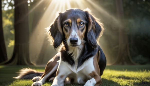 HQ,solo,brown eyes,yellow eyes,outdoors,lying,day,blurry,tree,no humans,animal,sunlight,grass,on stomach,nature,forest,dog,light rays,realistic,sunbeam,animal focus,looking at viewer,sitting,signature,pokemon (creature),depth of field,blurry background,dappled sunlight,puppy