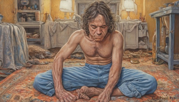 solo,smile,brown hair,black hair,1boy,sitting,nipples,collarbone,full body,closed eyes,male focus,shoes,barefoot,pants,indoors,feet,bed,muscular,toes,facial hair,scar,traditional media,bottle,pectorals,denim,facing viewer,veins,curly hair,topless male,jeans,realistic,mustache,on floor,blue pants,lamp,indian style,bedroom,old,shoes removed,chest hair,old man,shirt removed,carpet,rug,boots removed,wrinkled skin,messy room,bandages,abs,beard,manly,dirty,arm hair