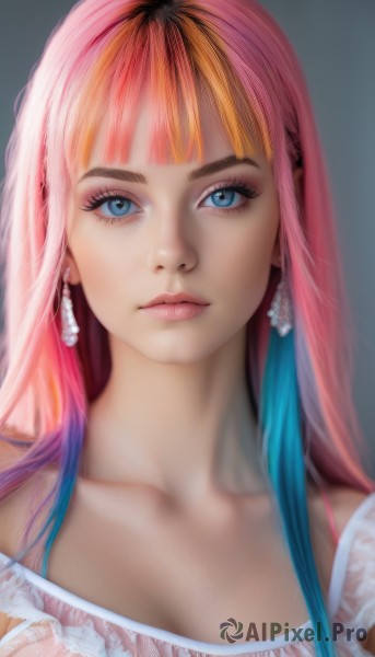 1girl,solo,long hair,breasts,looking at viewer,bangs,blue eyes,simple background,dress,cleavage,bare shoulders,jewelry,closed mouth,blue hair,collarbone,upper body,pink hair,multicolored hair,earrings,blunt bangs,grey background,orange hair,two-tone hair,lips,eyelashes,gradient hair,makeup,portrait,eyeshadow,realistic,nose,eyeliner,mascara,blonde hair,artist name,blurry,see-through,expressionless