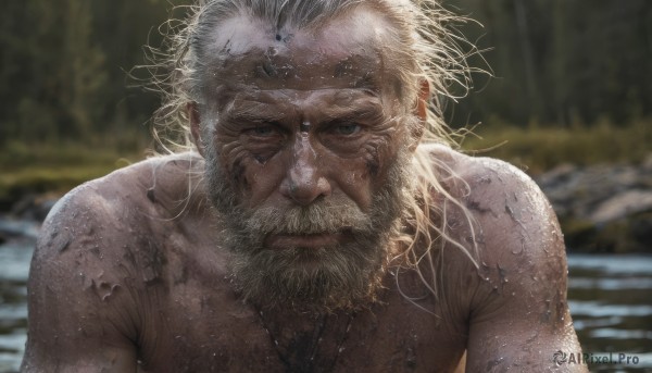 solo,looking at viewer,blue eyes,1boy,closed mouth,upper body,white hair,male focus,outdoors,water,blurry,wet,blurry background,facial hair,messy hair,portrait,beard,realistic,mustache,wet hair,old,dirty,old man,wrinkled skin,green eyes,depth of field,scar,thick eyebrows,manly,chest hair