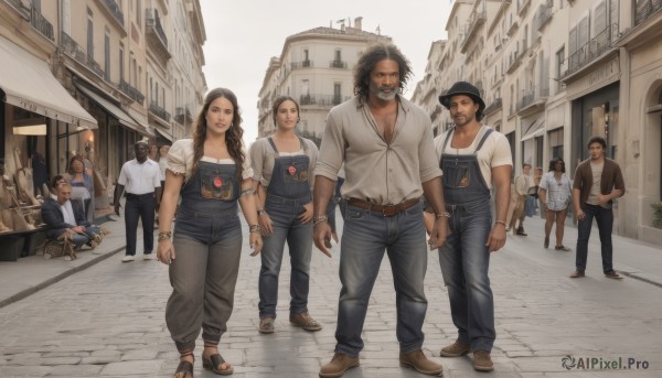 long hair,breasts,looking at viewer,smile,multiple girls,brown hair,shirt,black hair,hat,2girls,brown eyes,jewelry,standing,white shirt,braid,short sleeves,outdoors,multiple boys,shoes,day,collared shirt,belt,pants,dark skin,bracelet,lips,facial hair,brown footwear,black pants,sandals,dark-skinned male,ring,denim,t-shirt,building,child,beard,walking,6+boys,curly hair,age difference,jeans,height difference,city,realistic,mustache,arms at sides,female child,wristwatch,road,overalls,male child,bald,street,town,pavement,blue overalls,short hair,jacket,full body,muscular,sunglasses,tank top,muscular male,watch,fat,chest hair,fat man