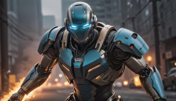 solo,looking at viewer,blue eyes,1boy,upper body,male focus,outdoors,armor,blurry,no humans,depth of field,blurry background,glowing,robot,ground vehicle,building,mecha,glowing eyes,motor vehicle,science fiction,city,car,power armor,humanoid robot,fire,realistic,lights