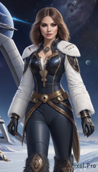 1girl,solo,long hair,breasts,looking at viewer,brown hair,gloves,cleavage,brown eyes,jewelry,medium breasts,standing,weapon,boots,sky,black gloves,belt,pants,sword,lips,fur trim,bodysuit,makeup,moon,lipstick,star (sky),starry sky,mountain,nose,space,leather,planet,earth (planet),long sleeves,medium hair,necklace,watermark,black pants,claws,realistic,black bodysuit