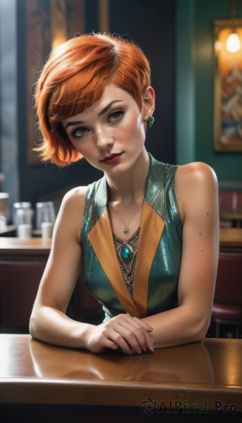 1girl,solo,breasts,looking at viewer,short hair,blue eyes,dress,bare shoulders,jewelry,sitting,closed mouth,upper body,earrings,small breasts,sleeveless,artist name,indoors,necklace,nail polish,orange hair,mole,blurry,lips,fingernails,grey eyes,bare arms,eyelashes,makeup,depth of field,blurry background,watermark,table,own hands together,lipstick,gem,eyeshadow,freckles,green dress,realistic,nose,red lips,mascara,bar (place),counter,body freckles,bangs,medium breasts,red hair,vest,head tilt,sleeveless dress,pendant,pov across table