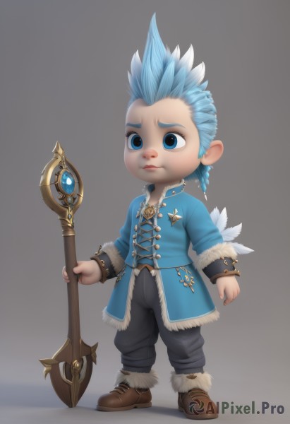 solo,blue eyes,simple background,long sleeves,1boy,holding,jewelry,closed mouth,blue hair,standing,jacket,full body,weapon,braid,male focus,boots,pants,artist name,grey background,coat,fur trim,brown footwear,feathers,spiked hair,staff,holding staff,male child,blue coat,shoes,chibi