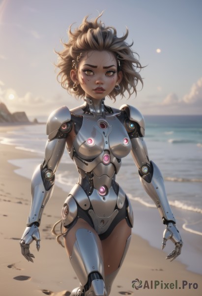 A cyborg portrayed in a vivid sunset day