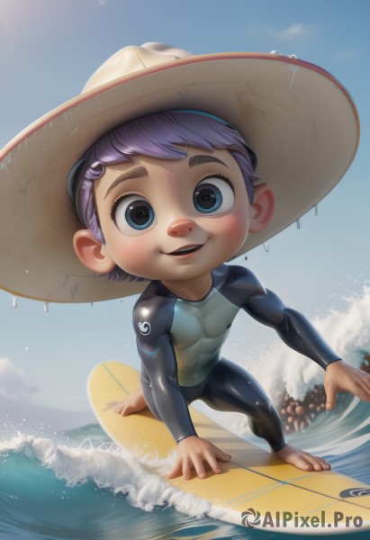 solo,looking at viewer,smile,short hair,open mouth,blue eyes,hair ornament,1boy,hat,full body,purple hair,male focus,outdoors,sky,barefoot,teeth,day,artist name,cloud,water,blue sky,wet,bodysuit,ocean,thick eyebrows,child,skin tight,male child,waves,surfboard,wetsuit,blush,goggles,male swimwear