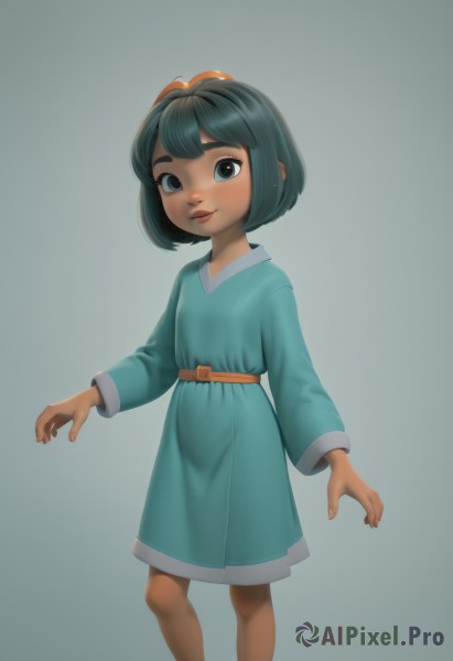 1girl,solo,looking at viewer,blush,smile,short hair,bangs,blue eyes,simple background,black hair,long sleeves,dress,closed mouth,standing,belt,dark skin,grey background,black eyes,dark-skinned female,lips,feet out of frame,blue dress,bob cut,child,female child,bow,hair bow,fingernails,gradient,gradient background,thick eyebrows,green dress,aqua dress