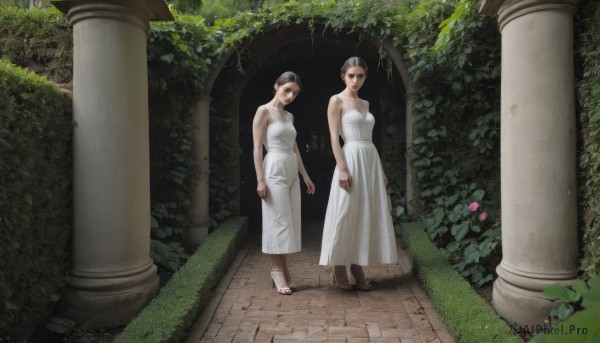 breasts,looking at viewer,short hair,multiple girls,black hair,dress,2girls,bare shoulders,standing,flower,white dress,high heels,strapless,sandals,plant,strapless dress,dual persona,realistic,arms at sides,bush,pillar,statue,arch,garden,column,brown hair,hat,umbrella