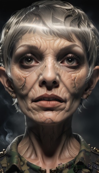 1girl,solo,looking at viewer,short hair,1boy,brown eyes,jewelry,jacket,grey hair,male focus,earrings,parted lips,black eyes,lips,piercing,ear piercing,portrait,smoke,veins,realistic,nose,camouflage,horror (theme),black hair,teeth,pointy ears,grey eyes,scar,science fiction,cyborg,dirty,cyberpunk