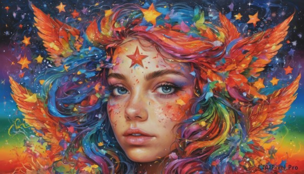 1girl,solo,long hair,looking at viewer,blue eyes,hair ornament,blue hair,multicolored hair,parted lips,teeth,artist name,star (symbol),lips,eyelashes,gradient hair,makeup,watermark,facial mark,feathers,lipstick,portrait,star (sky),web address,eyeshadow,freckles,pink lips,nose,red lips,facepaint,colorful,mascara,red hair,wings,leaf,realistic