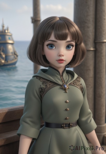 1girl,solo,breasts,looking at viewer,short hair,bangs,blue eyes,brown hair,long sleeves,dress,jewelry,standing,small breasts,outdoors,parted lips,sky,day,belt,cloud,water,blurry,lips,blurry background,ocean,bob cut,brooch,gem,freckles,green dress,black belt,watercraft,ship,boat,closed mouth,upper body,artist name,eyelashes,makeup,nose,red lips