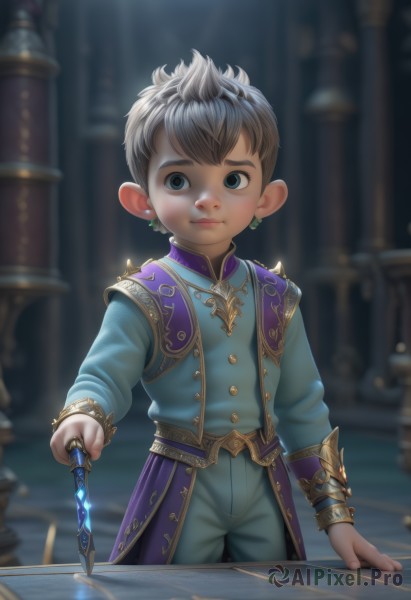 solo,looking at viewer,short hair,blue eyes,black hair,long sleeves,1boy,holding,jewelry,closed mouth,standing,grey hair,male focus,cowboy shot,earrings,pointy ears,pants,indoors,blurry,black eyes,vest,book,depth of field,blurry background,table,child,fantasy,wand,male child,artist name