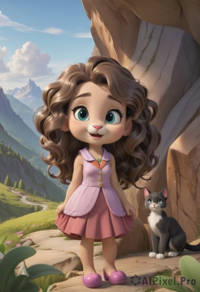 1girl,solo,long hair,looking at viewer,smile,open mouth,blue eyes,skirt,brown hair,dress,jewelry,green eyes,standing,full body,flower,outdoors,sky,sleeveless,day,cloud,necklace,aqua eyes,blue sky,bare arms,:3,animal,wavy hair,cat,grass,child,pink dress,pink skirt,curly hair,rock,mountain,skirt hold,pink footwear,female child,artist name,watermark,thick eyebrows,plant,slippers,purple footwear