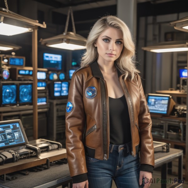 1girl,solo,long hair,breasts,looking at viewer,blue eyes,blonde hair,shirt,long sleeves,cleavage,medium breasts,closed mouth,standing,jacket,cowboy shot,open clothes,belt,pants,indoors,blurry,open jacket,lips,black shirt,table,denim,zipper,brown jacket,jeans,realistic,nose,emblem,unzipped,computer,laptop,bomber jacket,weapon,blurry background,wavy hair,tank top,science fiction,leather,leather jacket,energy gun