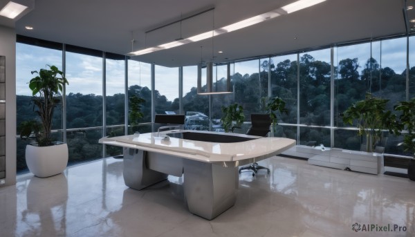 outdoors,sky,day,cloud,indoors,tree,cup,blue sky,no humans,window,shadow,chair,table,sunlight,cloudy sky,plant,scenery,reflection,mirror,tiles,potted plant,bush,sink,reflective floor,water,mountain,tile floor,faucet