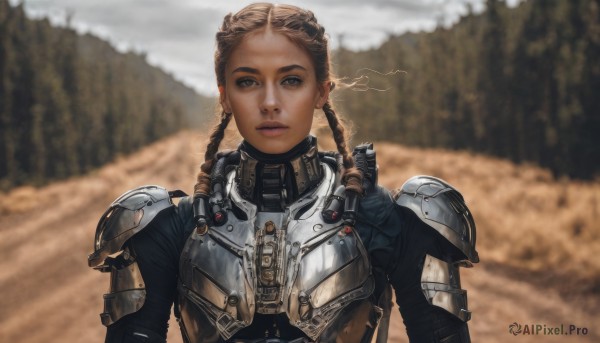 1girl,solo,long hair,looking at viewer,brown hair,brown eyes,closed mouth,upper body,braid,outdoors,dark skin,armor,blurry,twin braids,dark-skinned female,lips,grey eyes,blurry background,shoulder armor,science fiction,pauldrons,breastplate,realistic,power armor,blonde hair,earrings,makeup,thick eyebrows,forehead,eyeshadow,straight-on,dreadlocks