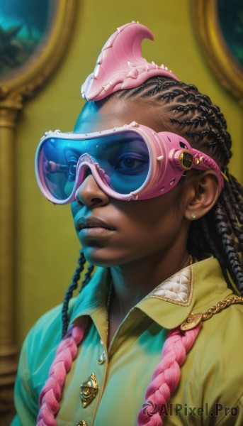 solo,long hair,looking at viewer,shirt,black hair,1boy,brown eyes,jewelry,closed mouth,upper body,braid,male focus,earrings,one eye closed,collared shirt,dark skin,blurry,twin braids,dark-skinned female,lips,buttons,blurry background,piercing,dark-skinned male,goggles,portrait,goggles on head,yellow shirt,realistic,nose,stud earrings,very dark skin,dreadlocks,multiple braids,1girl,watermark,reflection,curly hair,green shirt