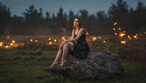 1girl,solo,long hair,breasts,brown hair,dress,cleavage,bare shoulders,jewelry,sitting,full body,outdoors,barefoot,sleeveless,blurry,black dress,tree,lips,night,sleeveless dress,depth of field,blurry background,grass,nature,forest,rock,realistic,red lips,closed eyes,sky,star (symbol),scenery,on ground,dirty,fireflies,dirty feet