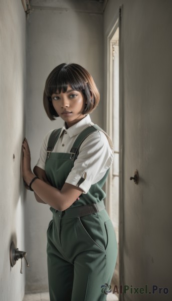 1girl,solo,looking at viewer,smile,short hair,bangs,brown hair,shirt,black hair,brown eyes,jewelry,closed mouth,standing,white shirt,short sleeves,cowboy shot,collared shirt,belt,pants,indoors,dark skin,blunt bangs,black eyes,bracelet,dark-skinned female,lips,bob cut,bug,realistic,door,overalls,window,nose,green pants,hallway