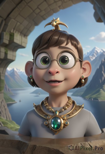 1girl,solo,looking at viewer,smile,short hair,open mouth,bangs,brown hair,shirt,jewelry,green eyes,white shirt,upper body,earrings,outdoors,sky,glasses,teeth,day,cloud,water,necklace,blurry,blue sky,animal,fangs,cat,gem,child,grey shirt,pendant,mountain,round eyewear,on head,animal on head,artist name