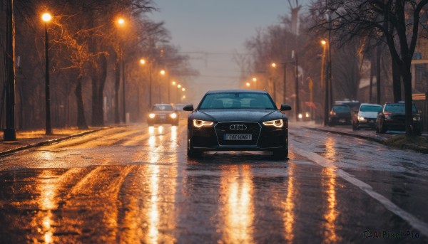 outdoors,sky,tree,no humans,night,ground vehicle,building,scenery,motor vehicle,reflection,car,road,vehicle focus,lamppost,bare tree,street,puddle,sports car,water,night sky,rain,sunset,realistic,twilight,evening