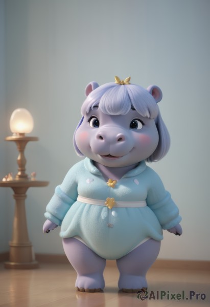 1girl,solo,looking at viewer,blush,smile,short hair,open mouth,bangs,blue eyes,long sleeves,dress,animal ears,standing,full body,white hair,male focus,indoors,blurry,blurry background,blue dress,child,furry,furry female,female child,lamp,fat,buck teeth,teeth,blush stickers,crown,candle