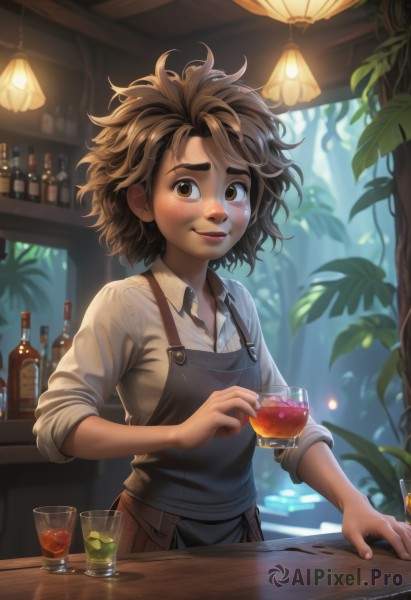 1girl,solo,looking at viewer,blush,smile,short hair,brown hair,shirt,holding,brown eyes,white shirt,collared shirt,indoors,dark skin,blurry,apron,dark-skinned female,tree,cup,lips,fingernails,blurry background,leaf,table,thick eyebrows,bottle,plant,messy hair,alcohol,sleeves rolled up,drinking glass,freckles,nose,glass,light,wine glass,bar (place),counter,brown apron,upper body,watermark