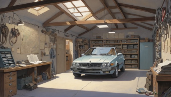 indoors,book,no humans,window,shadow,sunlight,ground vehicle,box,scenery,motor vehicle,paper,car,lamp,cable,shade,vehicle focus,shelf,cardboard box,book stack,ladder,wheel