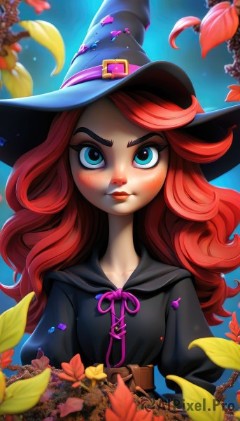 1girl,solo,long hair,looking at viewer,blush,bangs,blue eyes,long sleeves,hat,dress,ribbon,closed mouth,collarbone,upper body,flower,red hair,puffy sleeves,belt,artist name,blurry,black dress,lips,eyelashes,black headwear,makeup,witch hat,leaf,blue background,wavy hair,thick eyebrows,plant,buckle,freckles,pink ribbon,curly hair,belt buckle,nose,purple ribbon,witch,brown belt,autumn leaves,petals,watermark,web address