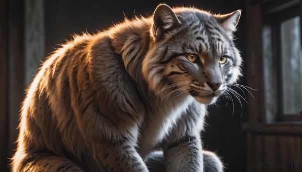 solo,closed mouth,yellow eyes,indoors,blurry,no humans,window,depth of field,blurry background,animal,cat,realistic,animal focus,white fur,whiskers,tiger,looking at viewer,upper body,portrait