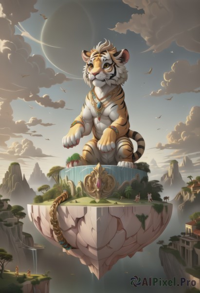 animal ears,jewelry,sitting,tail,yellow eyes,outdoors,sky,teeth,cloud,water,necklace,bracelet,tree,no humans,bird,animal,cloudy sky,scenery,furry,sunset,mountain,fantasy,sun,tiger ears,tiger tail,waterfall,tiger,cliff,tiger stripes,looking at viewer,closed mouth,full body,multiple boys,day,artist name,blue sky,fangs,moon,sunlight,grass,plant,gem,nature,claws,forest,crystal,animal focus,multiple others,castle,lake,orange sky,green gemstone