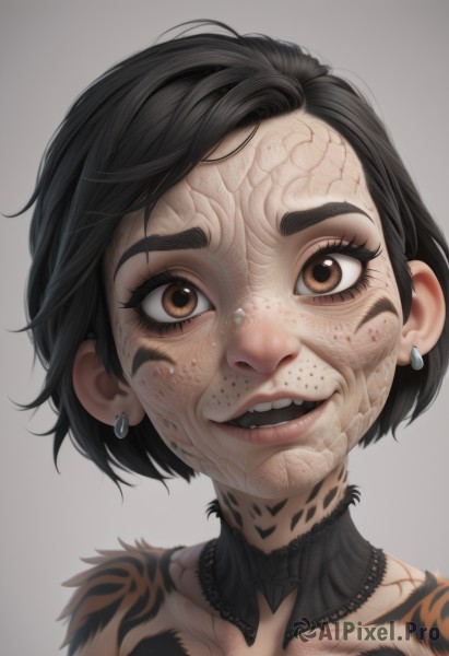 1girl,solo,looking at viewer,smile,short hair,open mouth,simple background,black hair,brown eyes,jewelry,earrings,teeth,choker,grey background,lips,eyelashes,tattoo,fangs,portrait,freckles,realistic,white background,collarbone,gradient background,upper teeth only,messy hair,nose