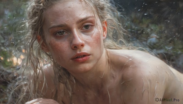 1girl,solo,long hair,looking at viewer,blonde hair,brown eyes,upper body,nude,lying,parted lips,teeth,water,lips,wet,grey eyes,scar,messy hair,portrait,freckles,realistic,nose,wet hair,bare shoulders,collarbone,white hair,pointy ears,blurry,eyelashes,close-up,rain