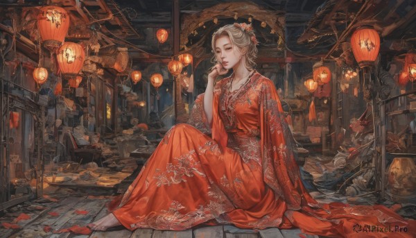 1girl,solo,long hair,blonde hair,hair ornament,long sleeves,dress,jewelry,sitting,multiple boys,barefoot,solo focus,indoors,necklace,hair bun,lips,petals,makeup,night,chinese clothes,red dress,single hair bun,lantern,wooden floor,stairs,on floor,hair stick,architecture,east asian architecture,paper lantern,statue,hanfu,looking at viewer,full body,red lips,lamp