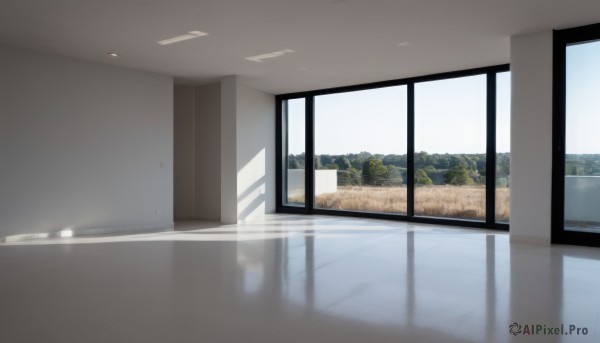 outdoors,sky,day,indoors,tree,blue sky,no humans,window,shadow,sunlight,building,scenery,reflection,door,road,hallway,reflective floor,cloud,water,mountain,school,lake,ceiling light