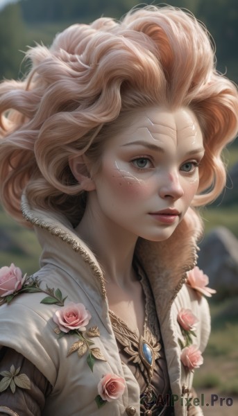 1girl,solo,long hair,looking at viewer,blue eyes,blonde hair,jewelry,closed mouth,jacket,upper body,flower,outdoors,open clothes,day,artist name,necklace,mole,blurry,lips,grey eyes,eyelashes,makeup,blurry background,rose,pink flower,freckles,curly hair,realistic,nose,pink rose,blush,shirt,parted lips,open jacket,coat,fur trim,scar,floral print,wind,gem,forehead