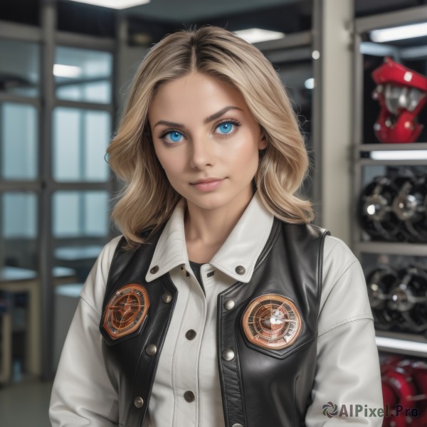 1girl,solo,looking at viewer,smile,blue eyes,blonde hair,shirt,long sleeves,closed mouth,jacket,white shirt,upper body,open clothes,collared shirt,indoors,medium hair,blurry,vest,open jacket,lips,black jacket,head tilt,eyelashes,window,buttons,depth of field,blurry background,denim,forehead,freckles,black vest,realistic,nose,letterman jacket,short hair,artist name,emblem